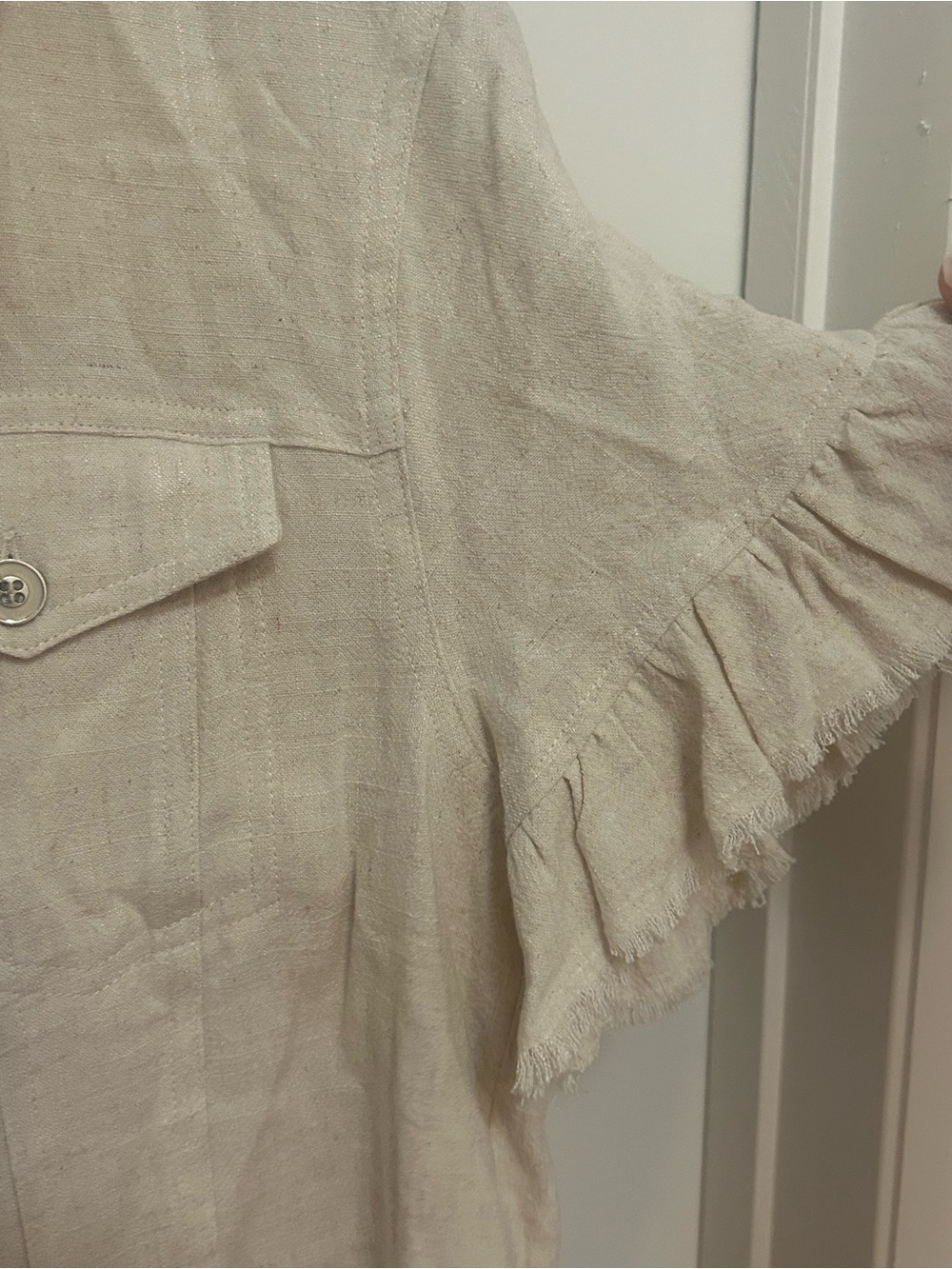 Textured Cream Button-Front Ruffle Sleeve Blouse - Picture 2 of 7